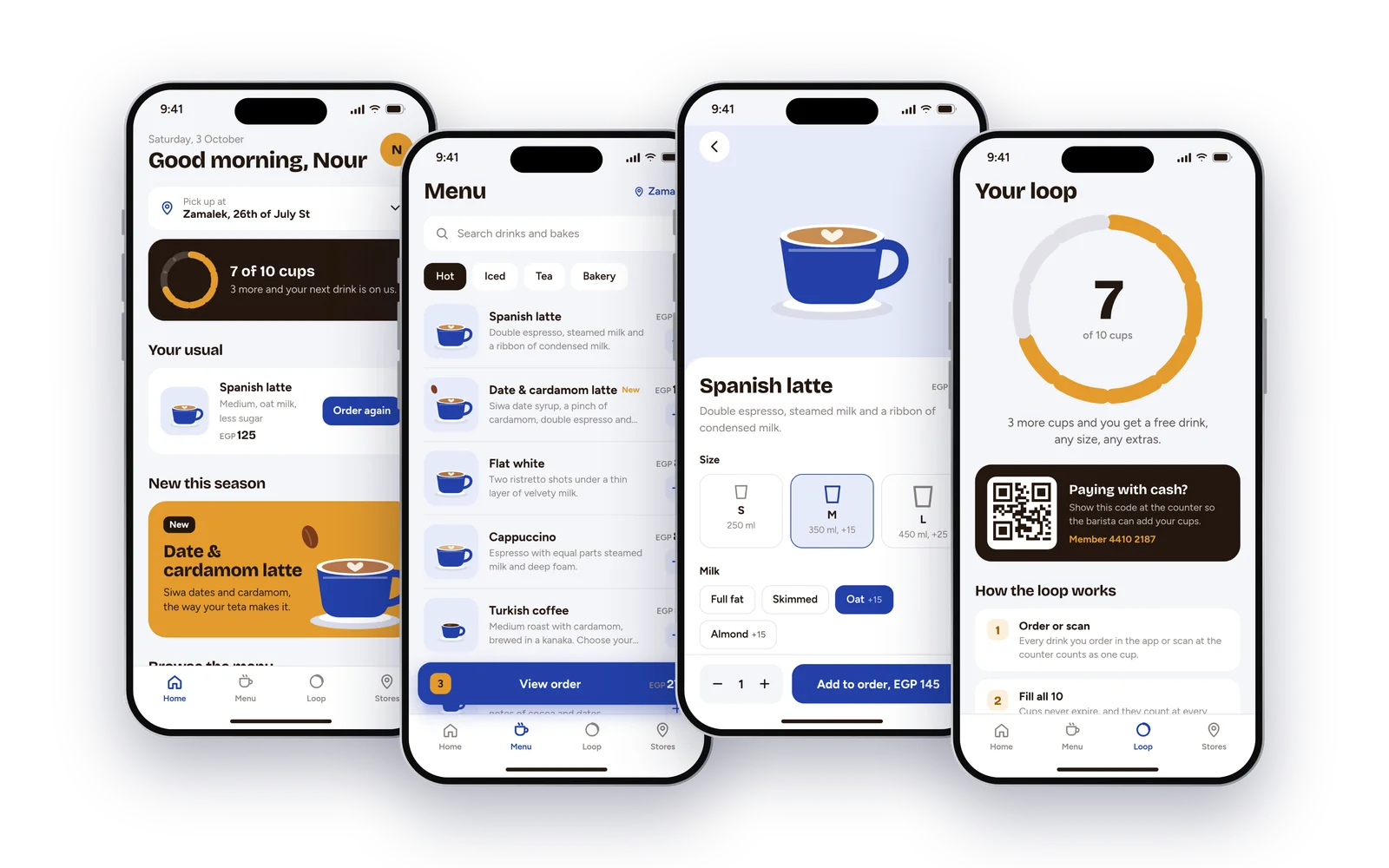 Café Loop: A brand and order-ahead app for a chain of coffee shops: order from your phone, skip the line, and fill a loop of ten cups for a free drink.