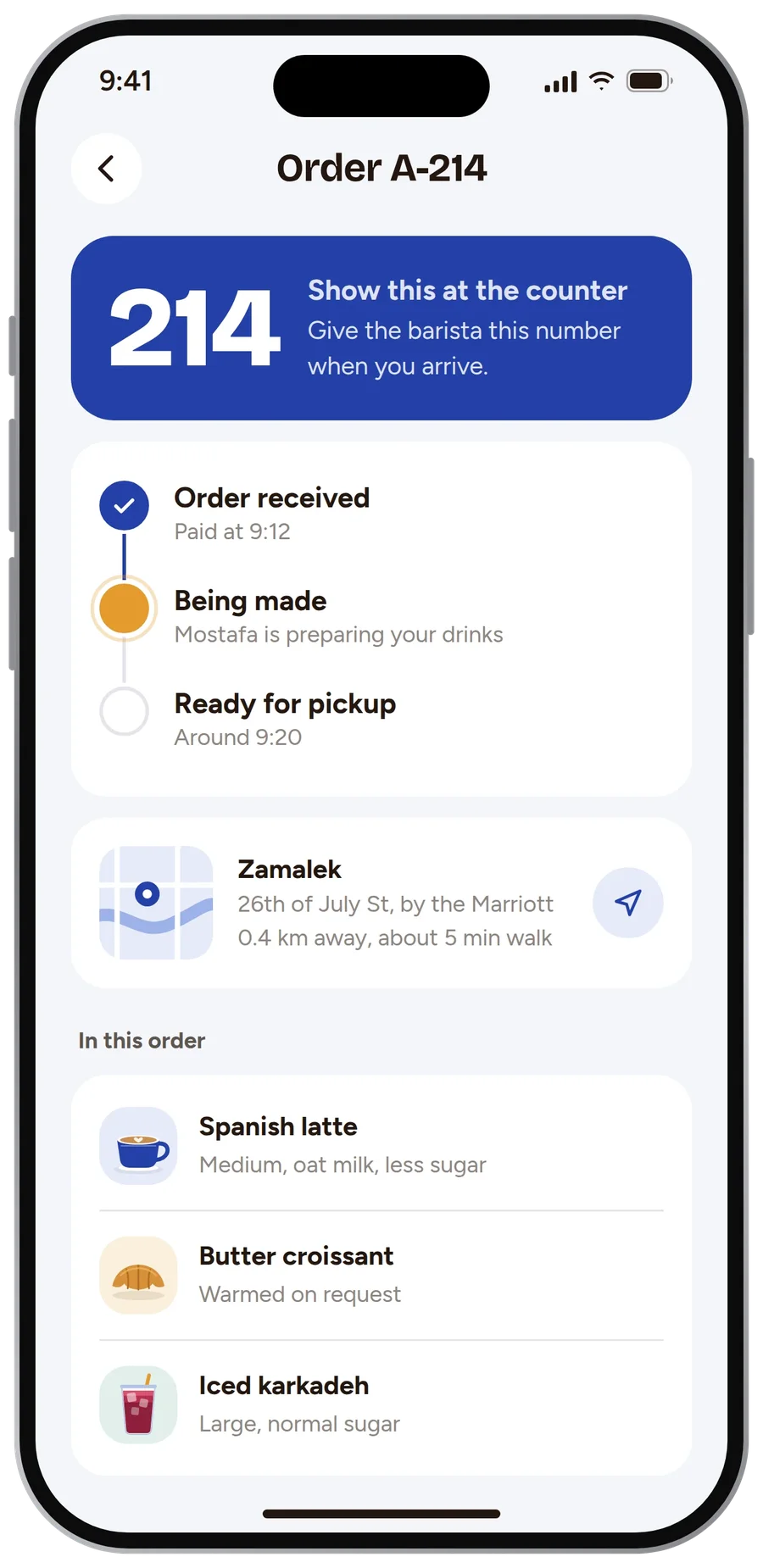 Order status screen