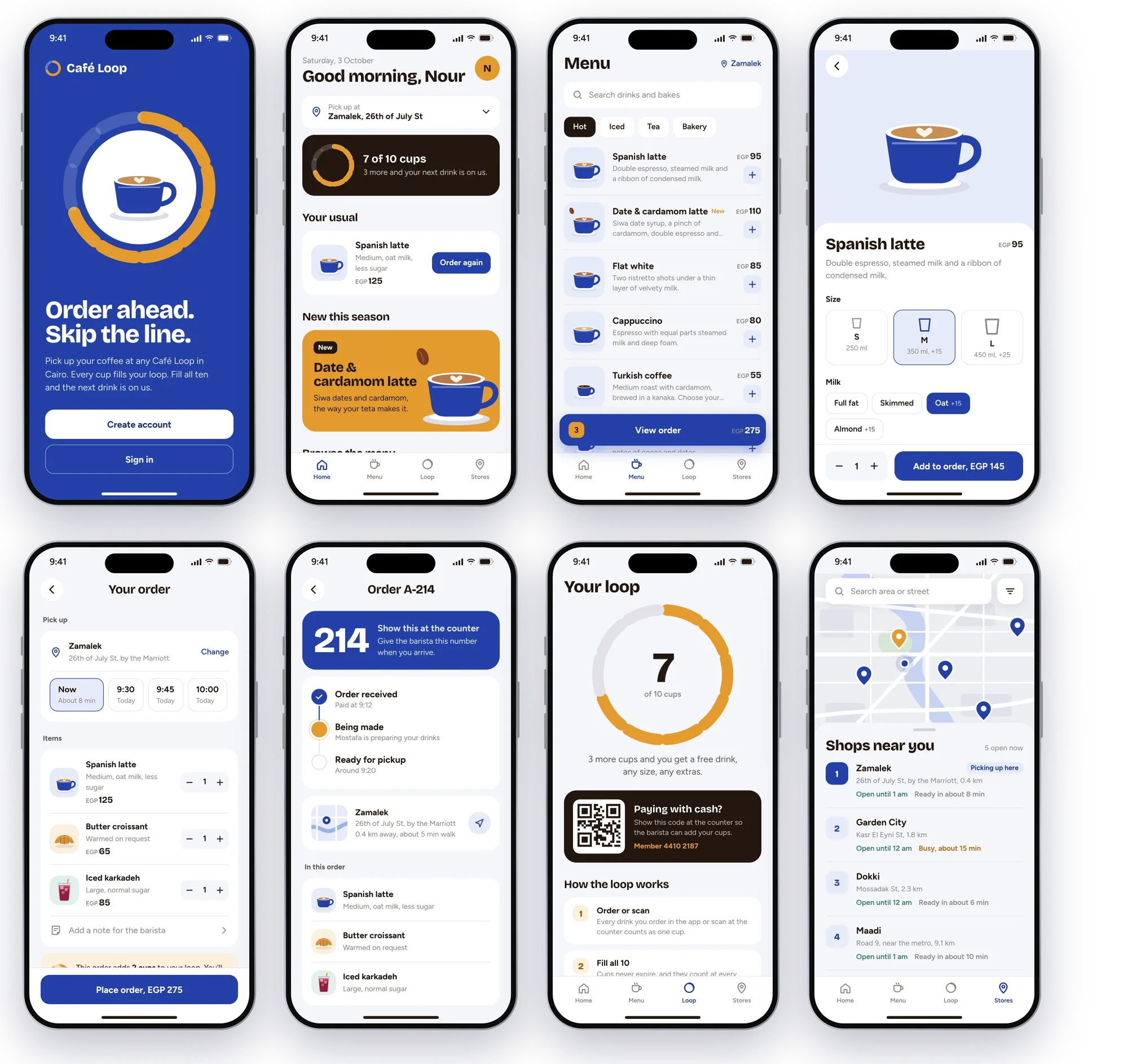All eight screens of the app