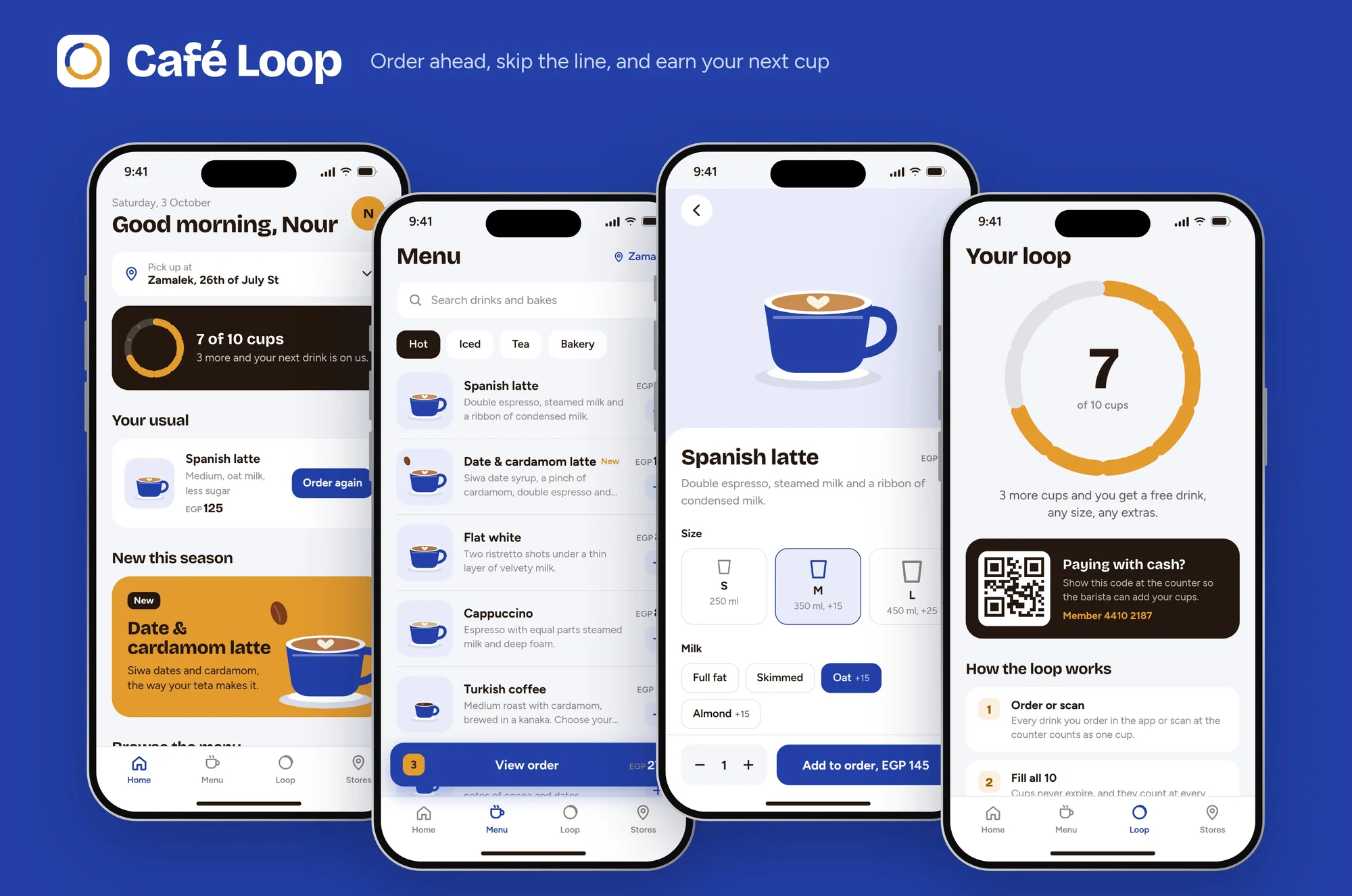 Home, menu, drink options and the loyalty loop