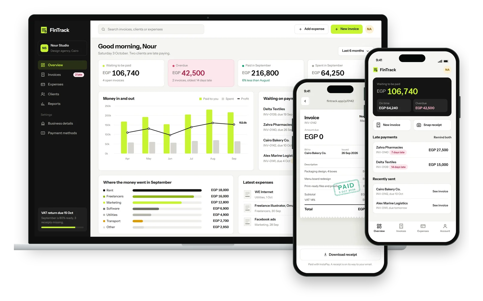 FinTrack: A brand and invoicing app for small businesses: send invoices clients can pay online, snap receipts, and stay ready for the VAT return.