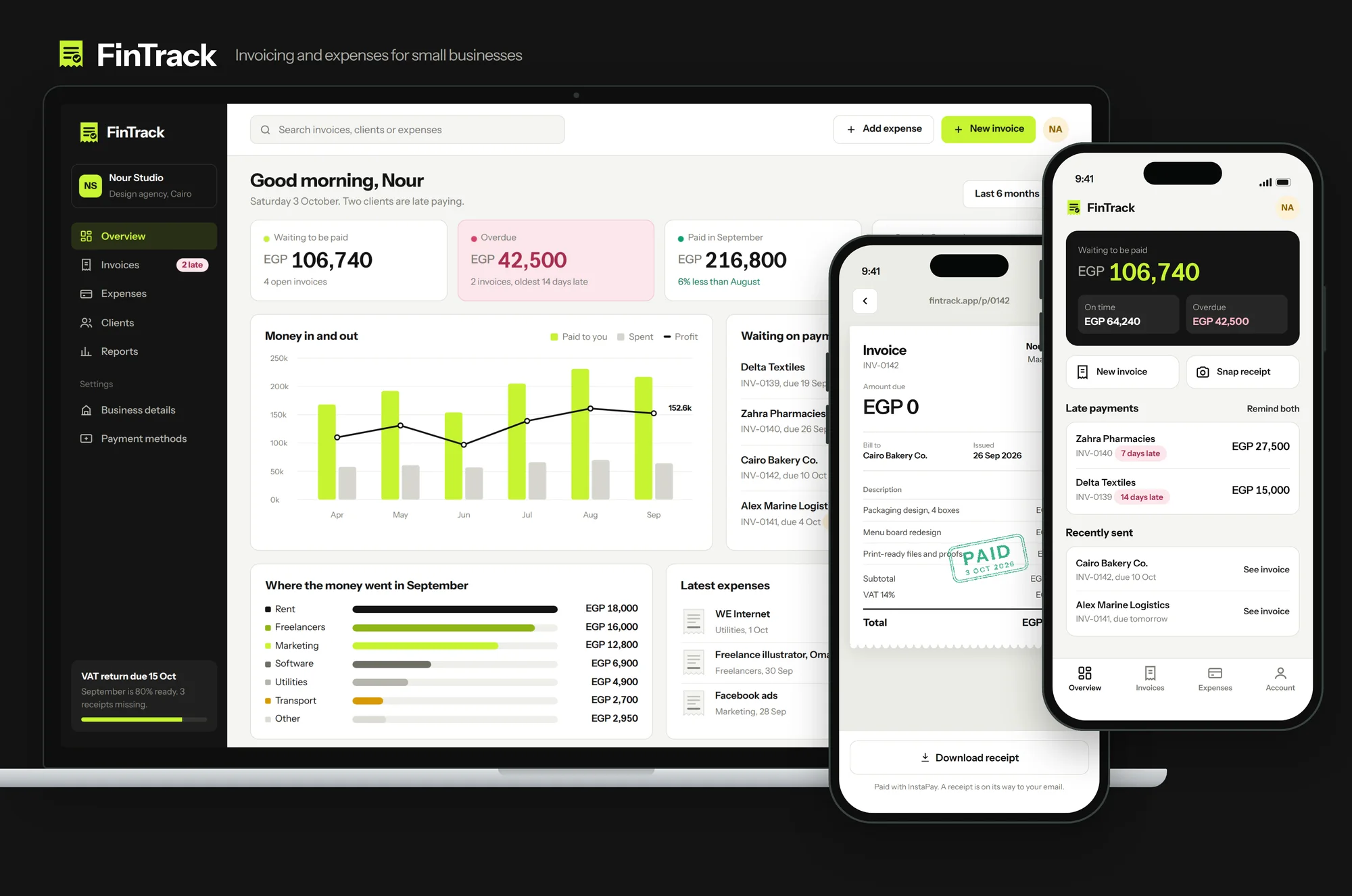 The web app and the mobile app, with the client payment page