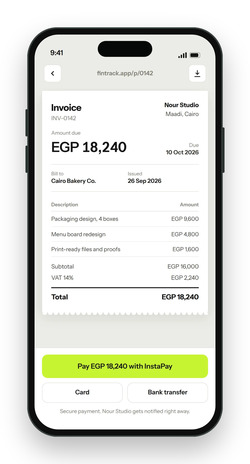Client payment page screen
