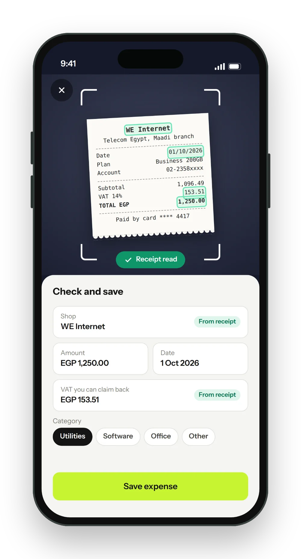 Snap a receipt screen