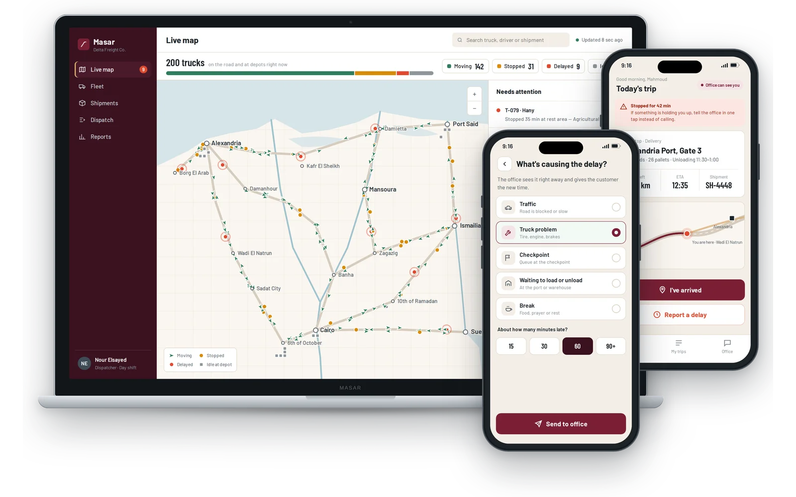 Masar: A brand and fleet tracking system for a regional freight company: a live dispatcher dashboard for the office and a driver app for the road, fully in English and Arabic.