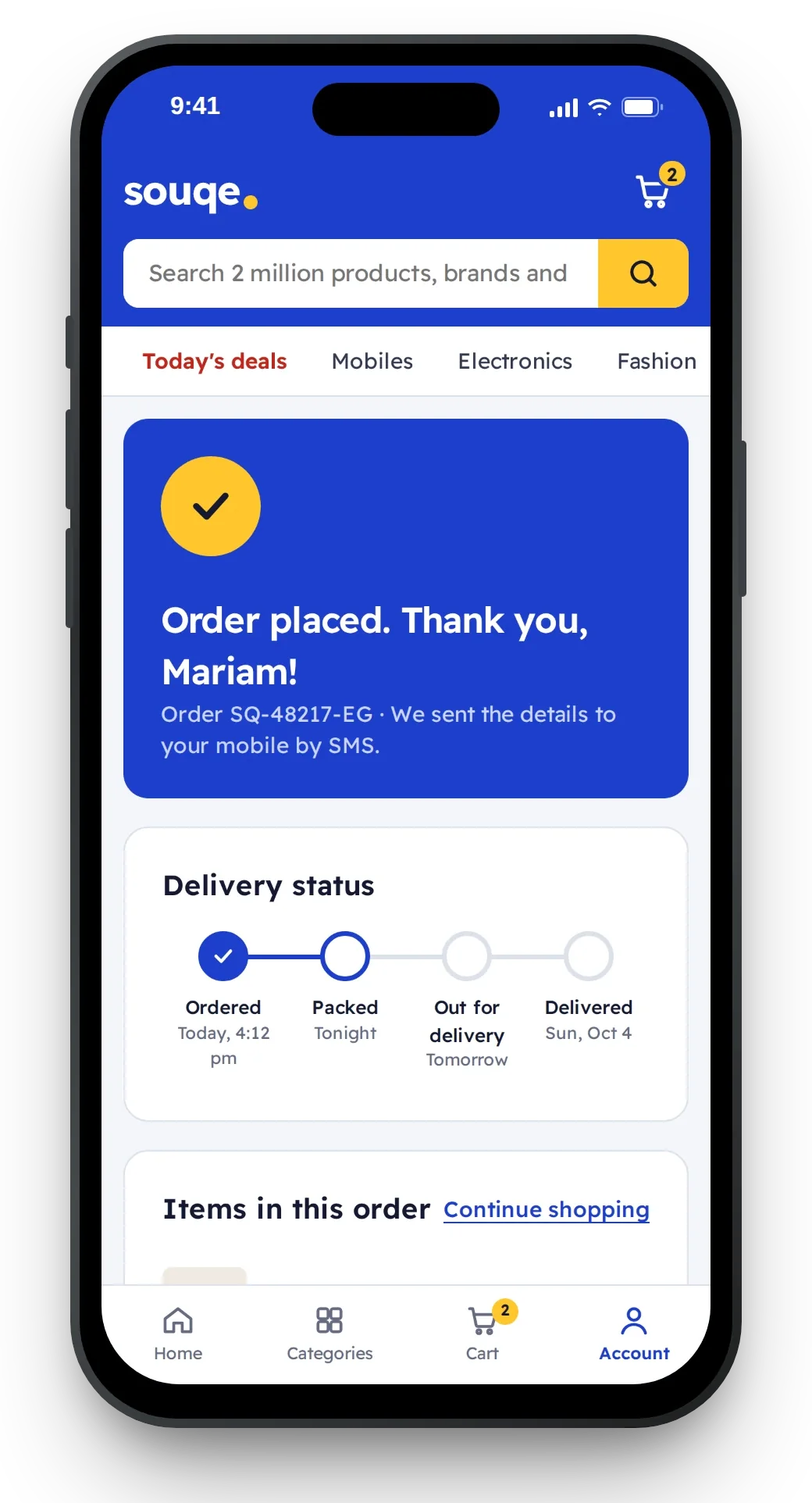 Order confirmed on mobile