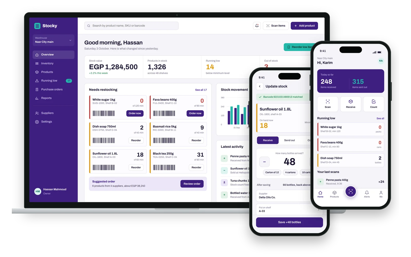 Stocky: A brand and inventory system for shops, warehouses and small factories: a web dashboard for the office and a scanning app for the floor.